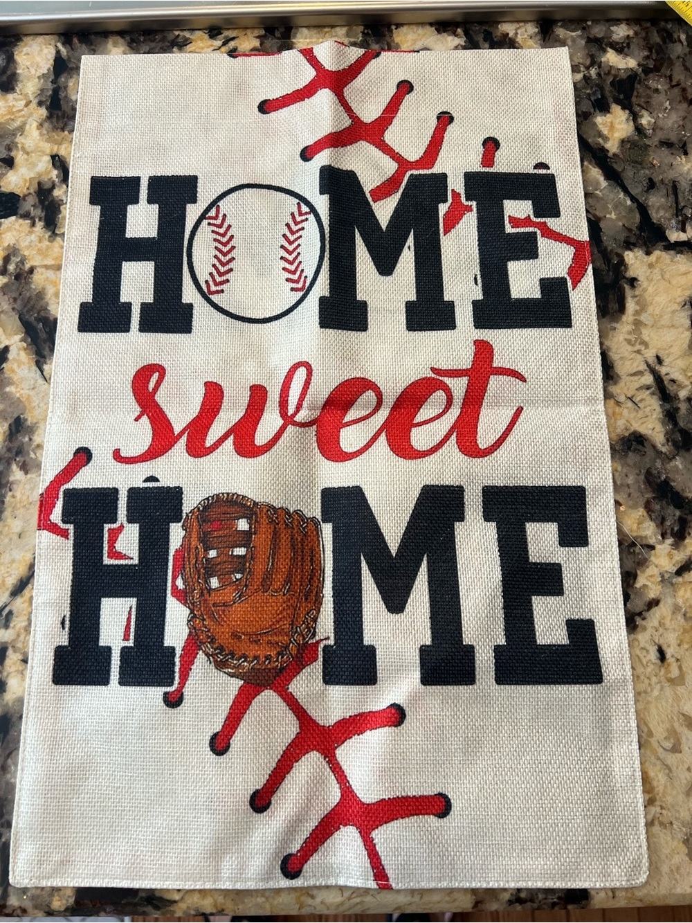 Home Sweet Home Baseball Flag - Red, Black, Cream with gold flecks